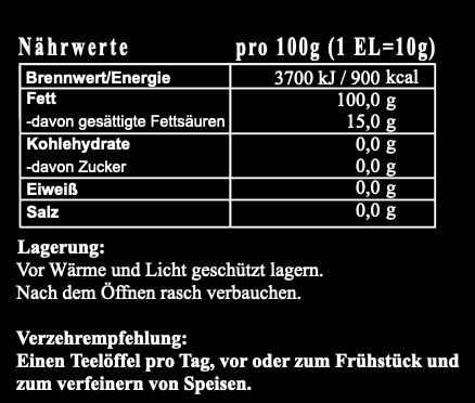 DATRI Schwarzkümmelöl Inhaltsstoffe und Dosierung – Etikett Rückseite