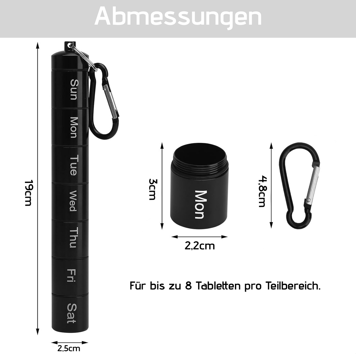 DATRI Reise-Tablettenbox schwarz – geöffnete Detailansicht