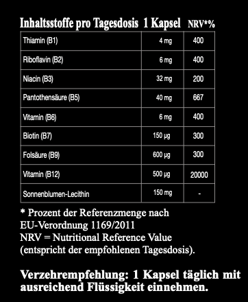 DATRI Vitamin B-Komplex Inhaltsstoffe und Dosierung – Etikett Rückseite