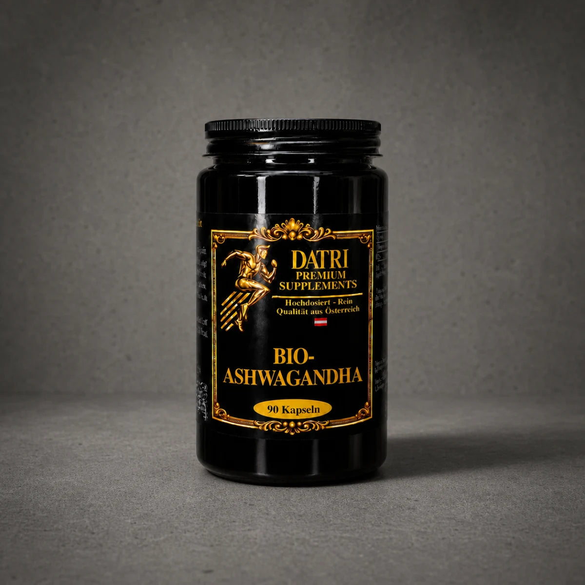 DATRI Bio-Ashwagandha Kapseln im Miron-Violettglas – Vorderseite