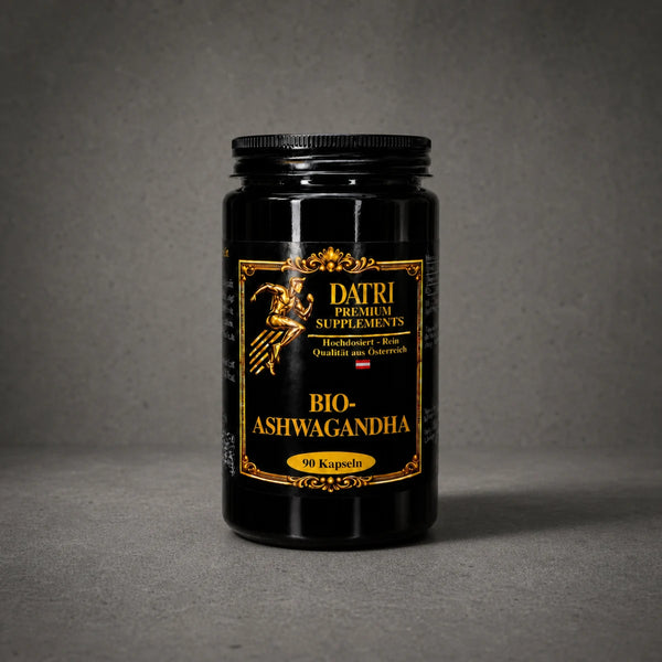 DATRI Bio-Ashwagandha Kapseln im Miron-Violettglas – Vorderseite
